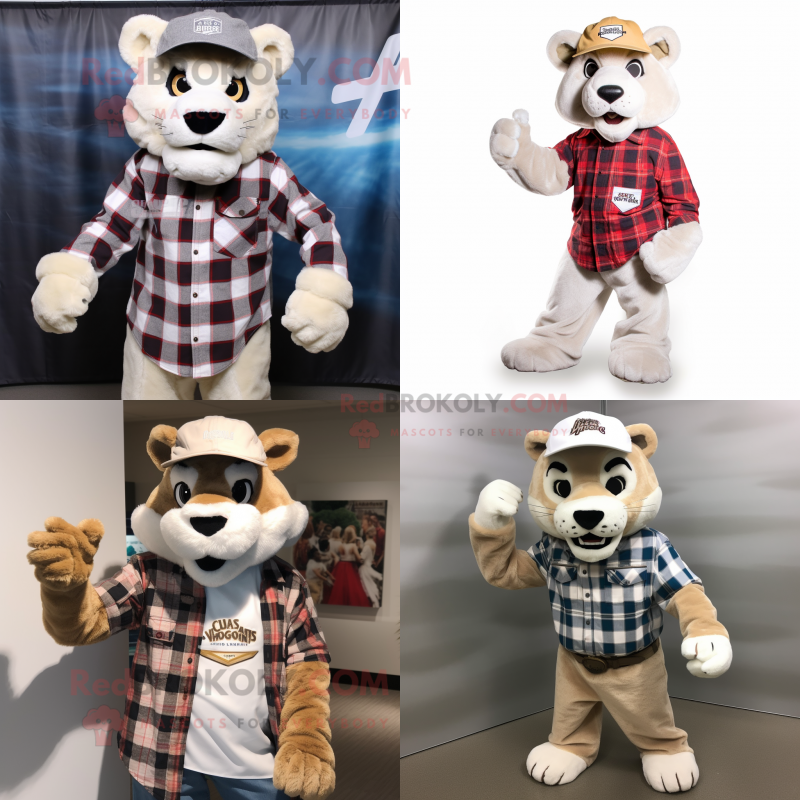 White Mountain Lion mascot costume character dressed with Flannel Shirt and Hats White Mountain Lion mascot costume character dressed with Flannel Shirt and Hats