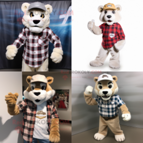 White Mountain Lion mascot costume character dressed with Flannel Shirt and Hats