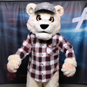 White Mountain Lion mascot costume character dressed with Flannel Shirt and Hats
