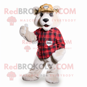 White Mountain Lion mascot costume character dressed with Flannel Shirt and Hats