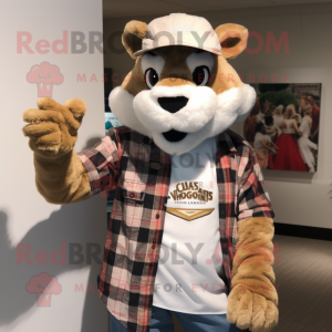 White Mountain Lion mascot costume character dressed with Flannel Shirt and Hats