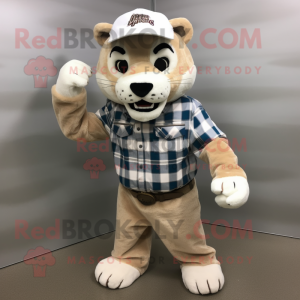 White Mountain Lion mascot costume character dressed with Flannel Shirt and Hats