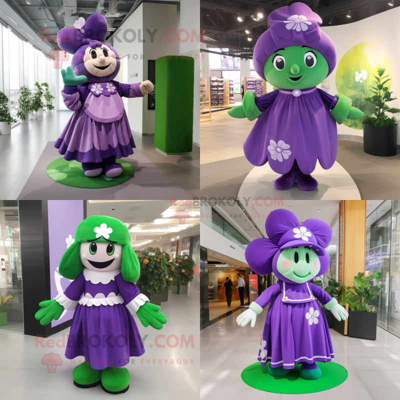 Purple Four Leaf Clover mascot costume character dressed with Maxi Skirt and Shoe laces