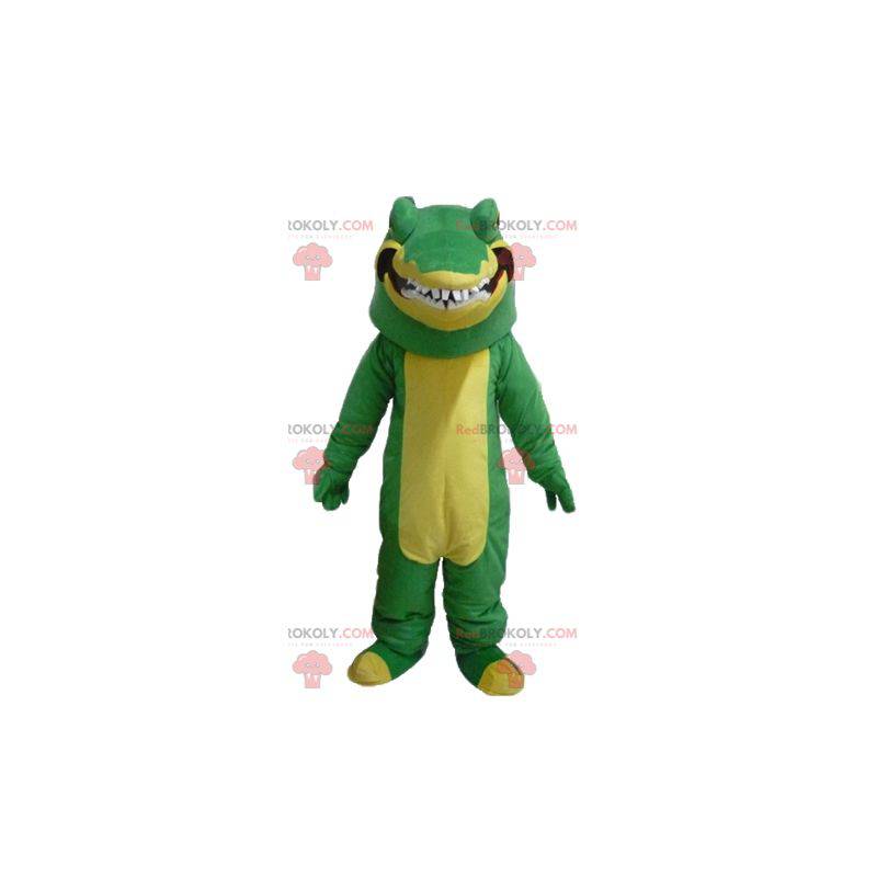 Mascote crocodilo verde e amarelo muito realista e intimidante