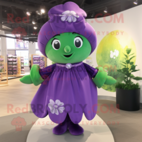 Purple Four Leaf Clover mascot costume character dressed with Maxi Skirt and Shoe laces