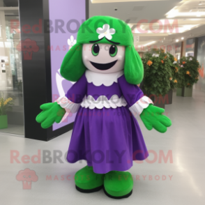 Purple Four Leaf Clover mascot costume character dressed with Maxi Skirt and Shoe laces