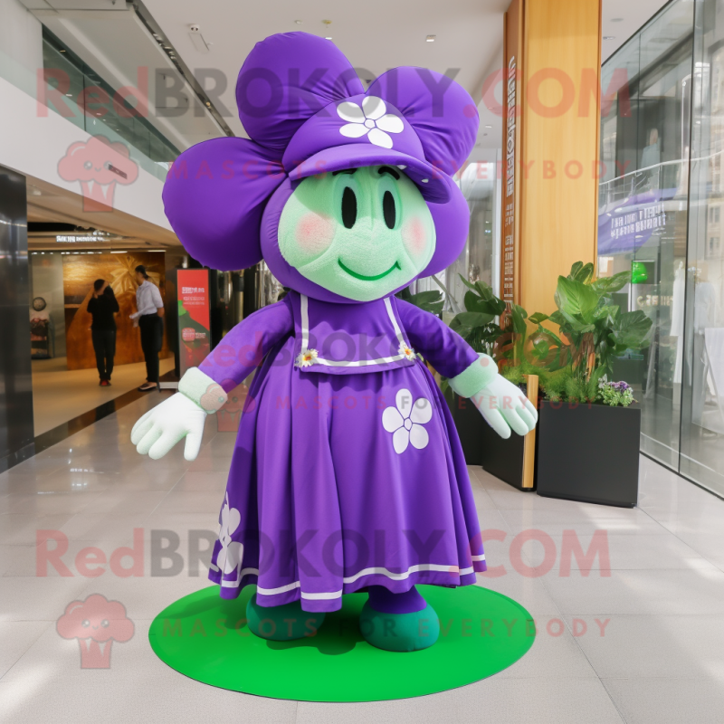 Purple Four Leaf Clover mascot costume character dressed with Maxi Skirt and Shoe laces