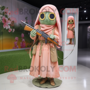 Peach Sniper mascot costume character dressed with Shift Dress and Shawls