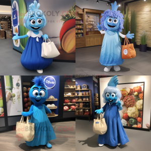 Blue Onion mascot costume character dressed with Maxi Dress and Tote bags