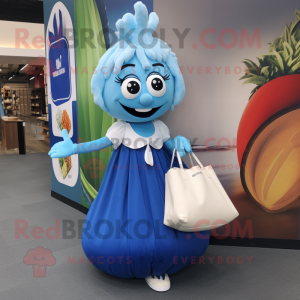 Blue Onion mascot costume character dressed with Maxi Dress and Tote bags