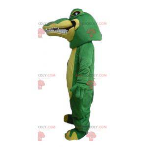 Mascote crocodilo verde e amarelo muito realista e intimidante