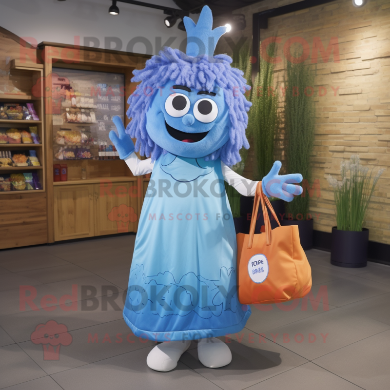 Blue Onion mascot costume character dressed with Maxi Dress and Tote bags