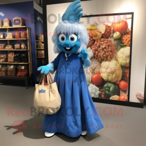 Blue Onion mascot costume character dressed with Maxi Dress and Tote bags