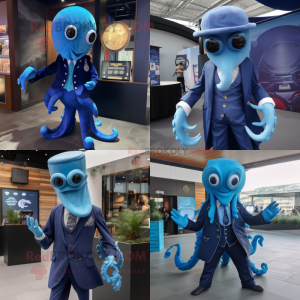 Blue kraken mascot costume character dressed with Suit Jacket and Cufflinks