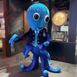 Blue kraken mascot costume character dressed with Suit Jacket and Cufflinks