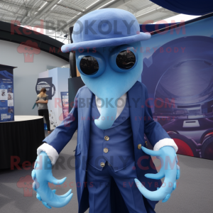 Blue kraken mascot costume character dressed with Suit Jacket and Cufflinks