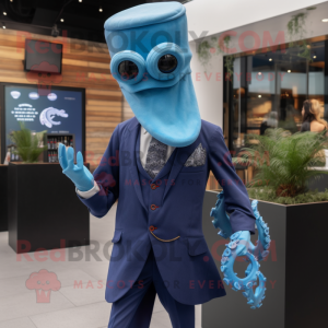 Blue kraken mascot costume character dressed with Suit Jacket and Cufflinks