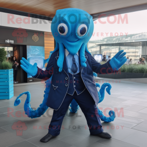 Blue kraken mascot costume character dressed with Suit Jacket and Cufflinks