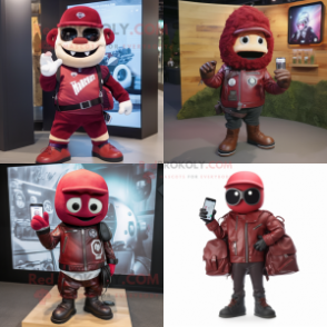 Maroon Phone mascot costume character dressed with Biker Jacket and Backpacks