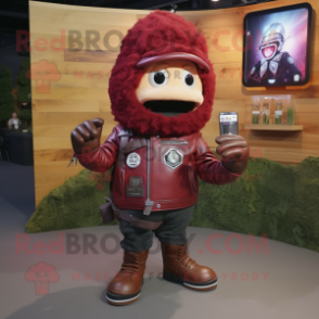 Maroon Phone mascot costume character dressed with Biker Jacket and Backpacks
