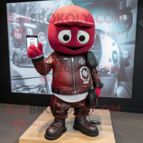 Maroon Phone mascot costume character dressed with Biker Jacket and Backpacks