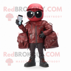 Maroon Phone mascot costume character dressed with Biker Jacket and Backpacks