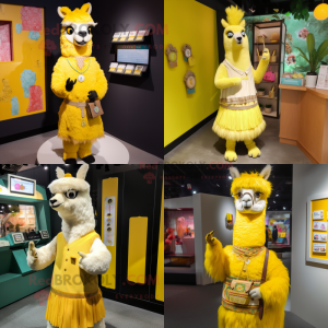 Yellow Llama mascot costume character dressed with Shift Dress and Coin purses