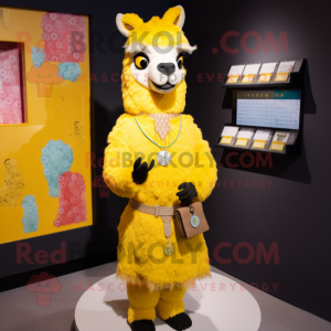 Yellow Llama mascot costume character dressed with Shift Dress and Coin purses