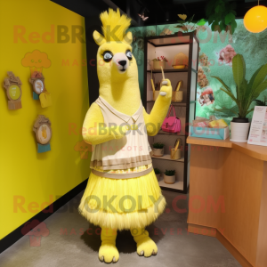 Yellow Llama mascot costume character dressed with Shift Dress and Coin purses
