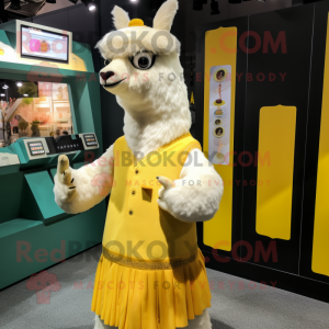 Yellow Llama mascot costume character dressed with Shift Dress and Coin purses