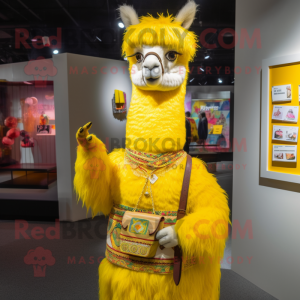 Yellow Llama mascot costume character dressed with Shift Dress and Coin purses