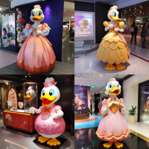 Peach Muscovy Duck mascot costume character dressed with Ball Gown and Keychains