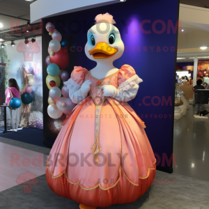 Peach Muscovy Duck mascot costume character dressed with Ball Gown and Keychains