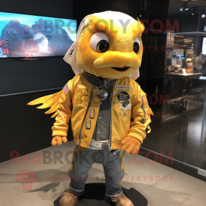 Yellow Goldfish mascot costume character dressed with Moto Jacket and Keychains