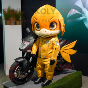 Yellow Goldfish mascot costume character dressed with Moto Jacket and Keychains