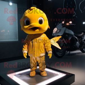 Yellow Goldfish mascot costume character dressed with Moto Jacket and Keychains