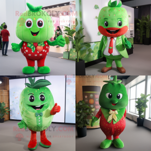 Green Strawberry mascot costume character dressed with Waistcoat and Foot pads