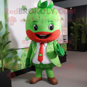 Green Strawberry mascot costume character dressed with Waistcoat and Foot pads