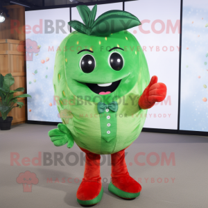 Green Strawberry mascot costume character dressed with Waistcoat and Foot pads