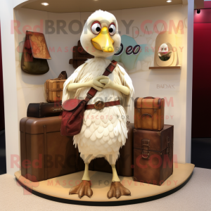 Cream dodo bird mascot costume character dressed with Wrap Dress and Wallets