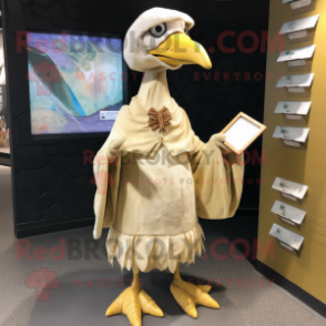 Cream dodo bird mascot costume character dressed with Wrap Dress and Wallets