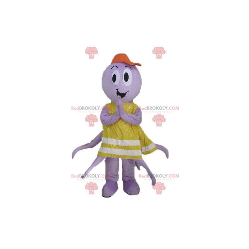 Mascotte de pieuvre violette avec un gilet jaune -