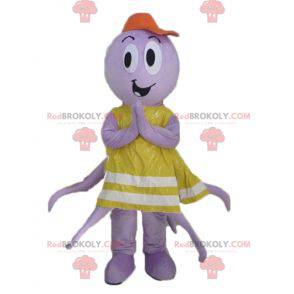 Mascotte di polpo viola con un giubbotto giallo - Redbrokoly.com