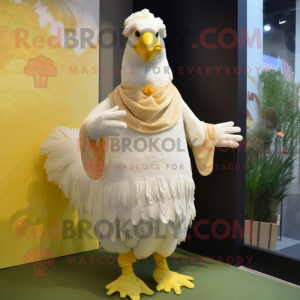 Cream Chicken mascot costume character dressed with Empire Waist Dress and Shawls