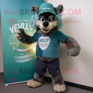 Teal werewolf mascot costume character dressed with Henley Tee and Berets