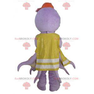 Mascotte de pieuvre violette avec un gilet jaune -