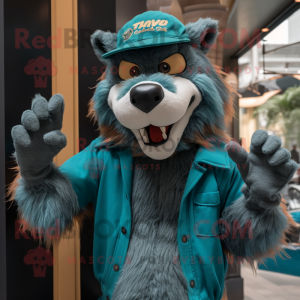 Teal werewolf mascot costume character dressed with Henley Tee and Berets