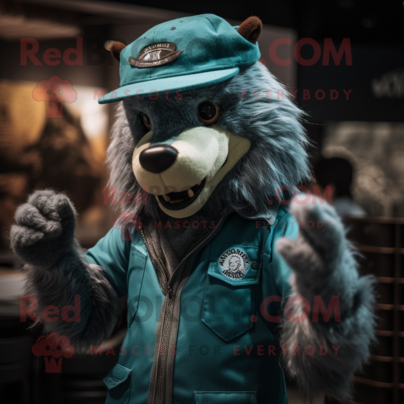 Teal werewolf mascot costume character dressed with Henley Tee and Berets Teal werewolf mascot costume character dressed with Henley Tee and Berets