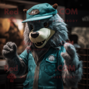 Teal werewolf mascot costume character dressed with Henley Tee and Berets