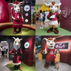 Maroon Goat mascot costume character dressed with Mini Skirt and Watches